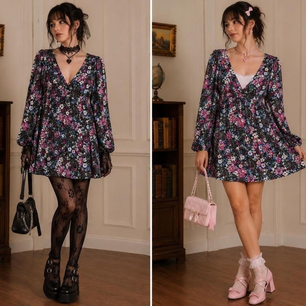 Nasty Gal Floral Mini Dress Black Pink Retro Boho Whimsigoth Puff Sleeve Sz 8